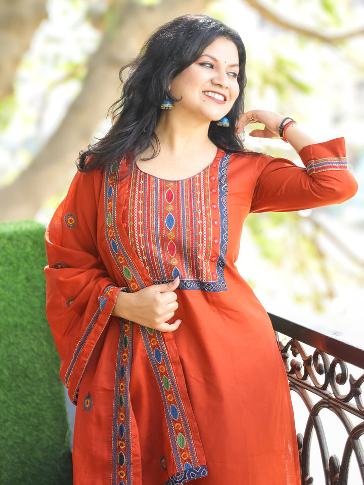 Laadli Rust Orange Embriodered Yoke with Patra Work Cotton 3 Piece Set