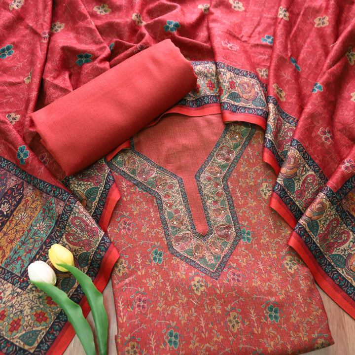 काफिराना Coral Blush Floral Print with Chain Style Zari Semi Pashmina Winter Set