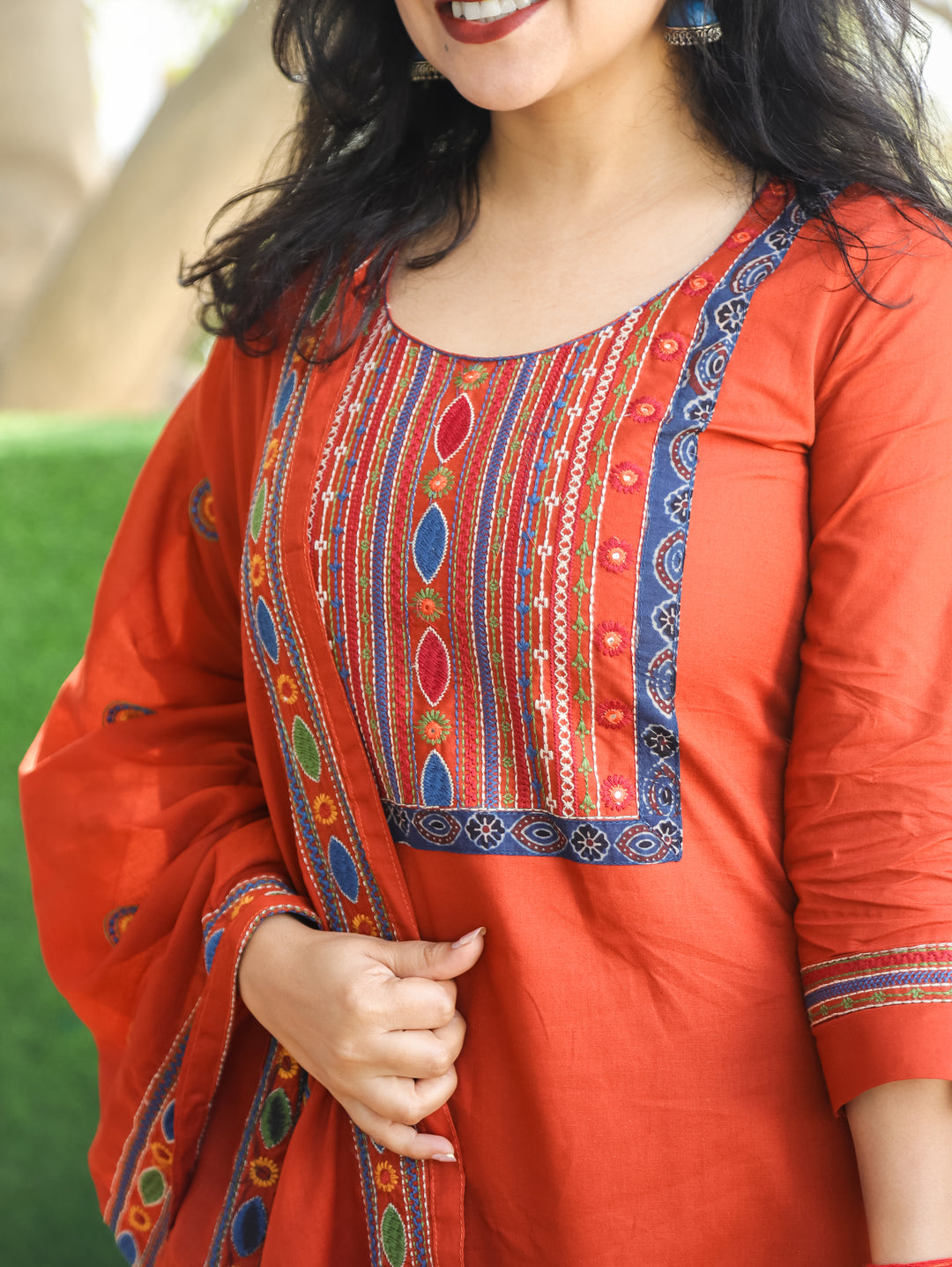 Laadli Rust Orange Embriodered Yoke with Patra Work Cotton 3 Piece Set