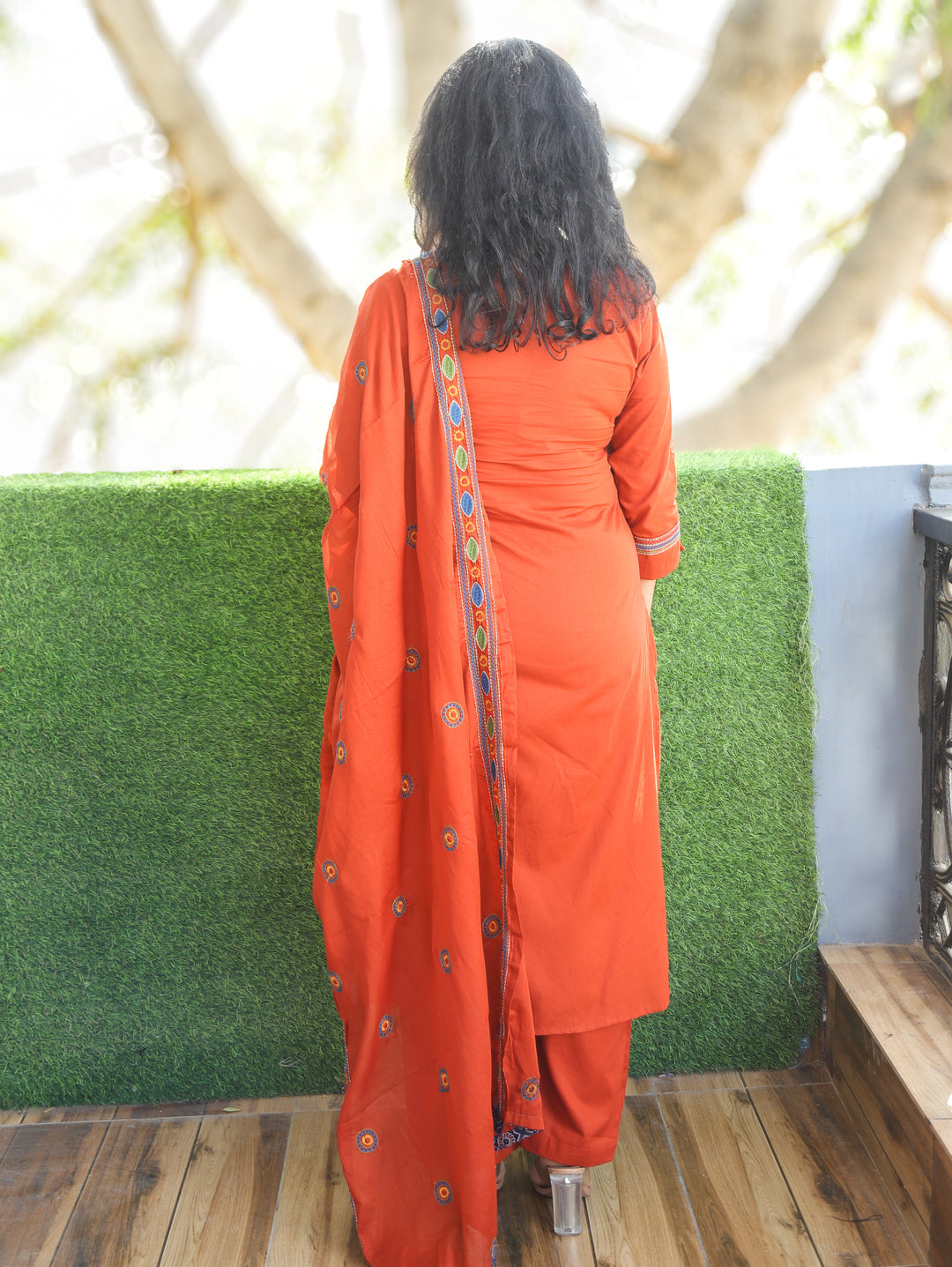 Laadli Rust Orange Embriodered Yoke with Patra Work Cotton 3 Piece Set