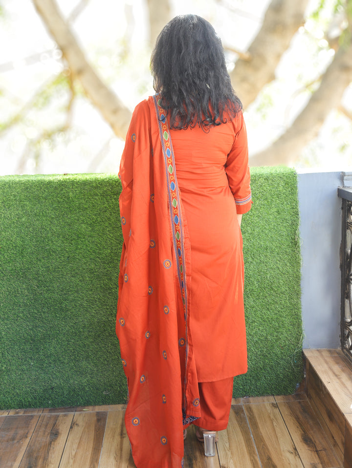 Laadli Rust Orange Embriodered Yoke with Patra Work Cotton 3 Piece Set