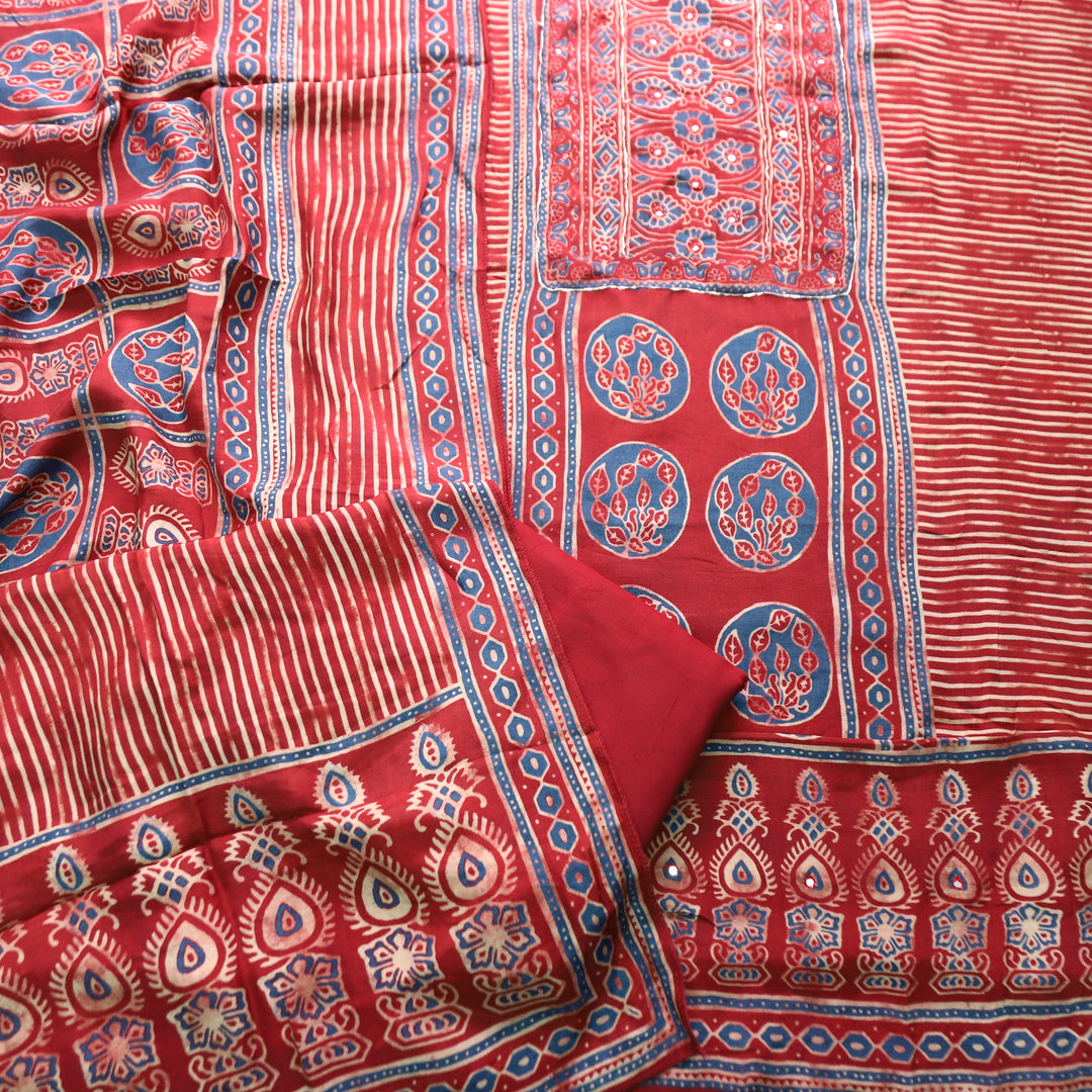 Aaroohi Red Patra Work Panel Style Ajrakh Printed Muslin Set