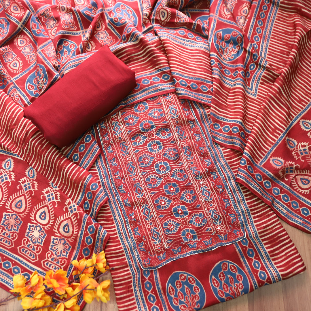 Aaroohi Red Patra Work Panel Style Ajrakh Printed Muslin Set