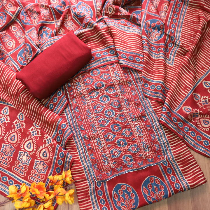 Aaroohi Red Patra Work Panel Style Ajrakh Printed Muslin Set
