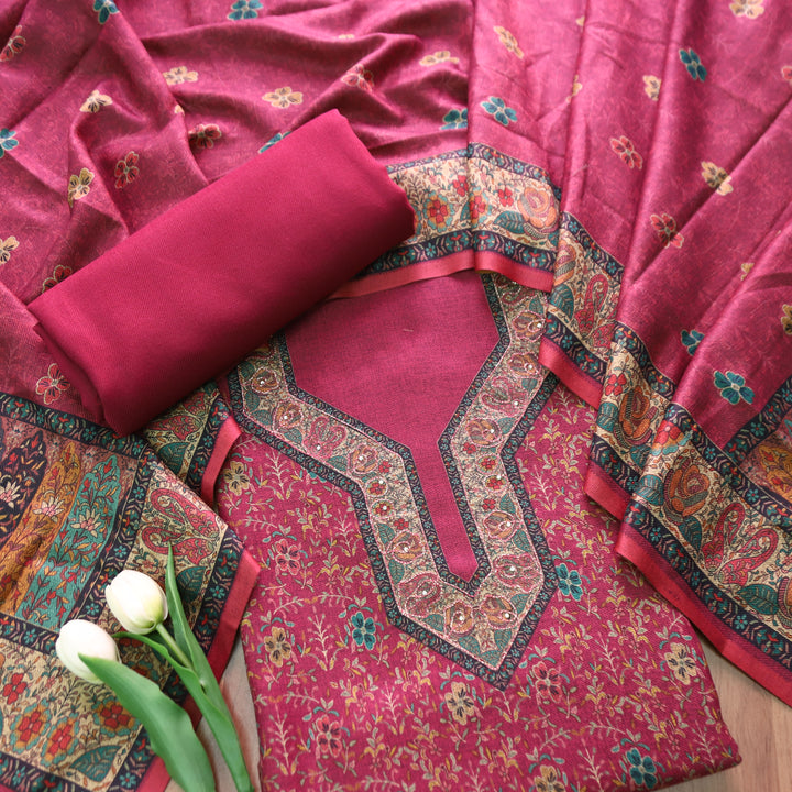 काफिराना Punch PInk Floral Print with Chain Style Zari Semi Pashmina Winter Set