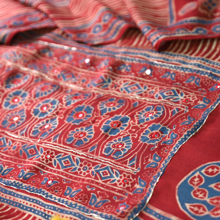 Aaroohi Red Patra Work Panel Style Ajrakh Printed Muslin Set