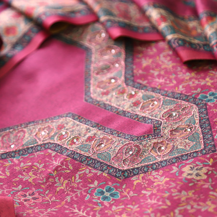 काफिराना Punch PInk Floral Print with Chain Style Zari Semi Pashmina Winter Set