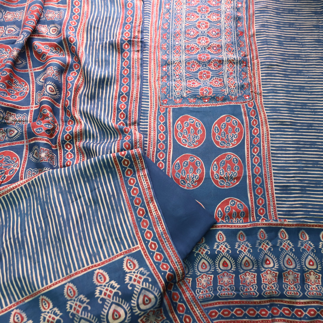 Aaroohi Navy Blue Patra Work Panel Style Ajrakh Printed Muslin Set