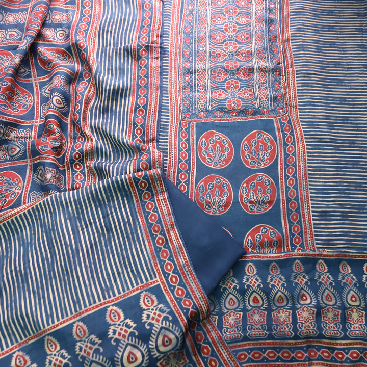 Aaroohi Navy Blue Patra Work Panel Style Ajrakh Printed Muslin Set