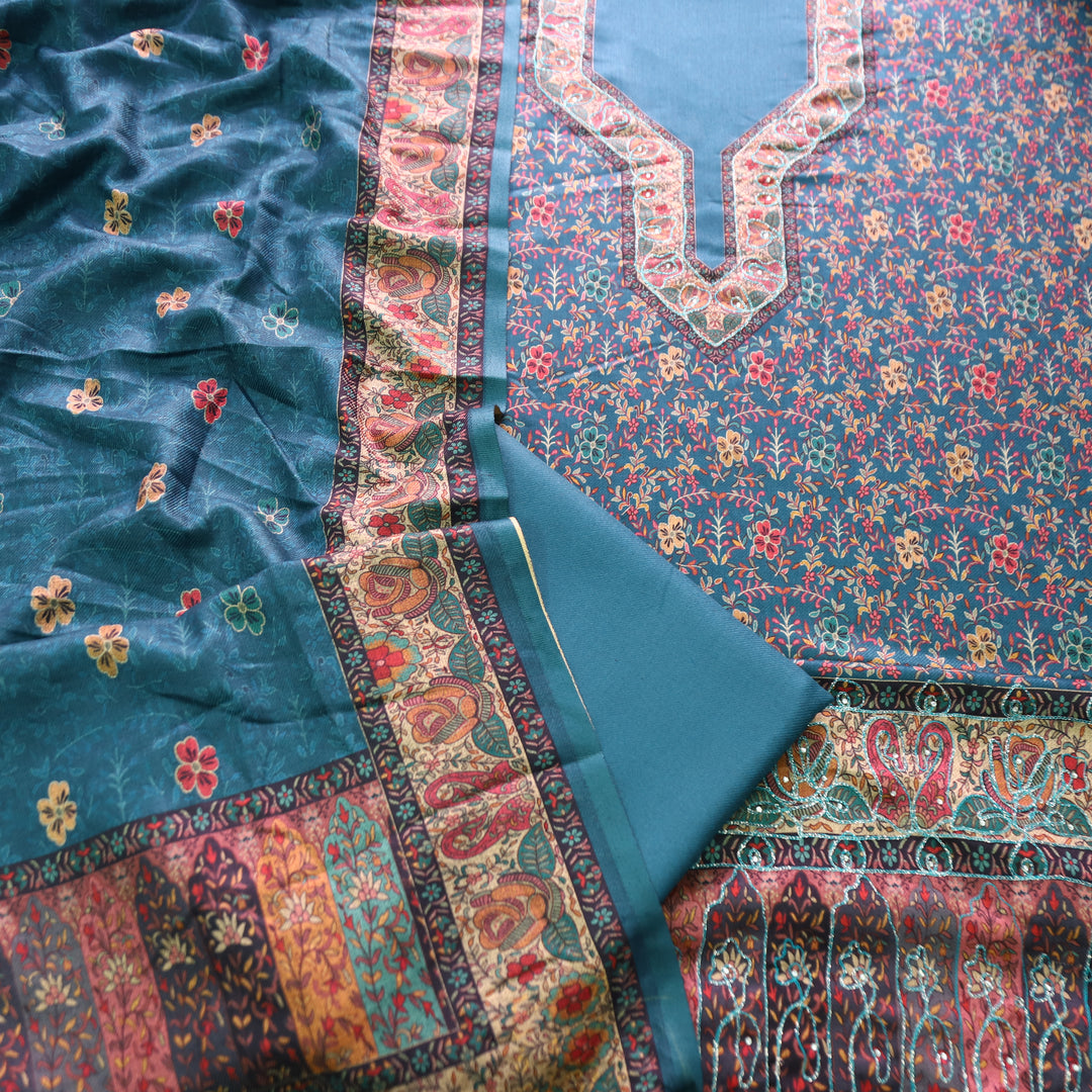 काफिराना Sapphire Blue Floral Print with Chain Style Zari Semi Pashmina Winter Set