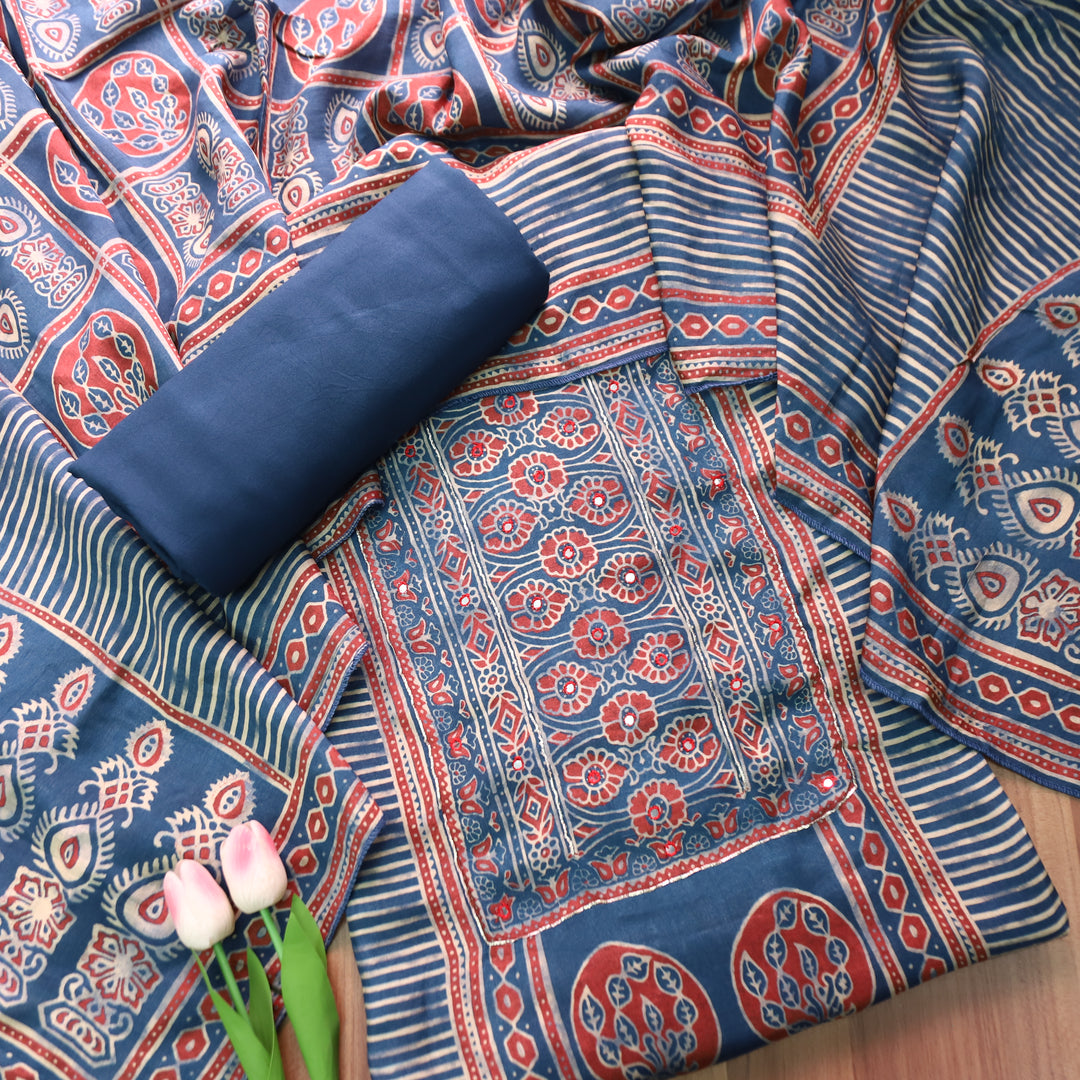 Aaroohi Navy Blue Patra Work Panel Style Ajrakh Printed Muslin Set