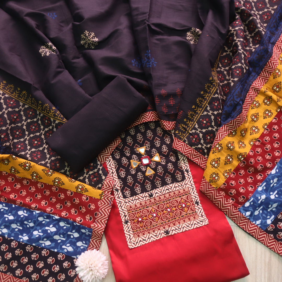 Barsaati Berry Red Kutch Fusion Neck with Mirror Glazed Cotton Suit Set