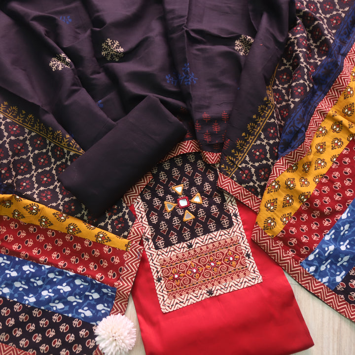 Barsaati Berry Red Kutch Fusion Neck with Mirror Glazed Cotton Suit Set