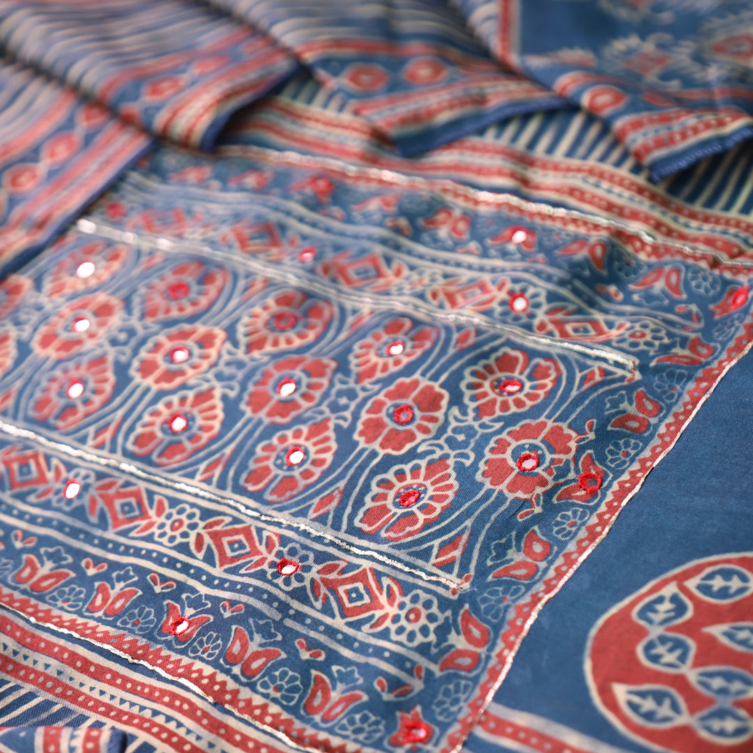 Aaroohi Navy Blue Patra Work Panel Style Ajrakh Printed Muslin Set