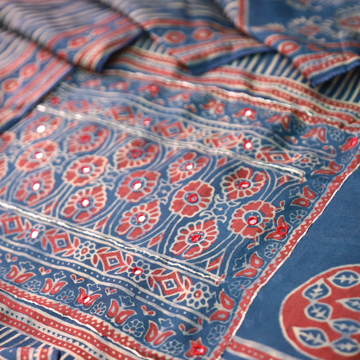 Aaroohi Navy Blue Patra Work Panel Style Ajrakh Printed Muslin Set