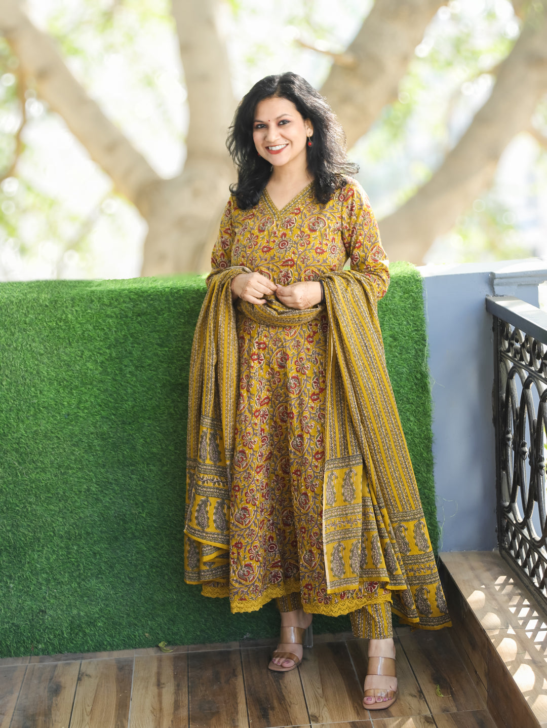 Rohini Dijon Yellow V Neck Kalamkari Printed Anarkali Cotton 3 Piece Set