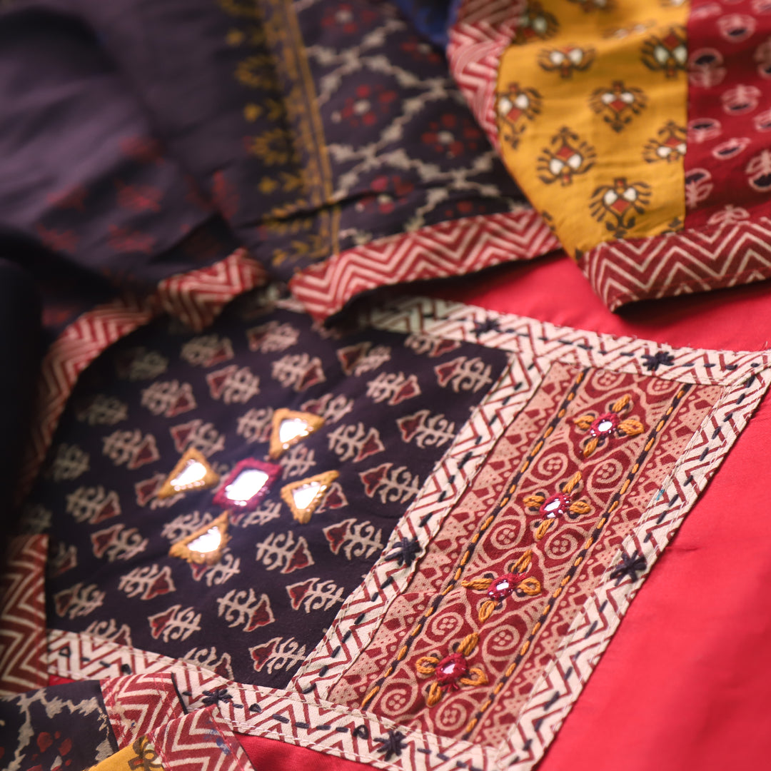Barsaati Berry Red Kutch Fusion Neck with Mirror Glazed Cotton Suit Set
