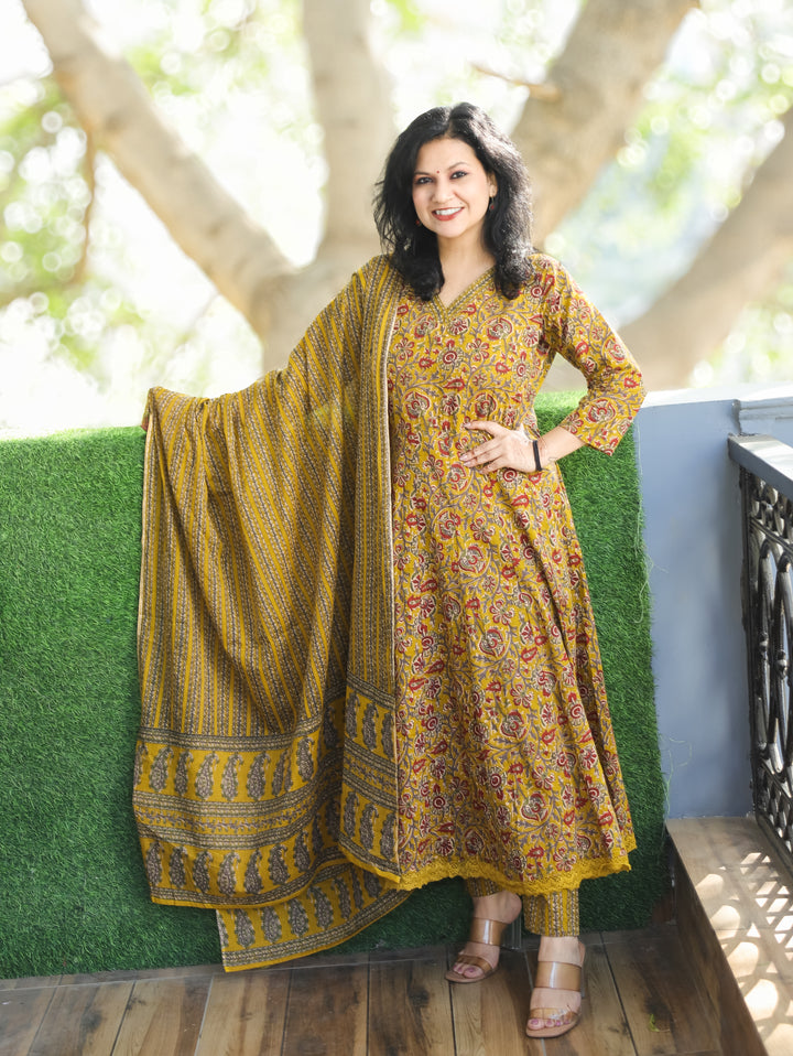 Rohini Dijon Yellow V Neck Kalamkari Printed Anarkali Cotton 3 Piece Set