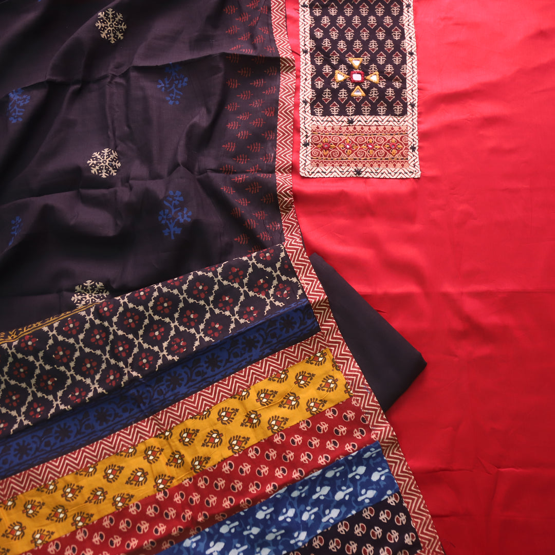 Barsaati Berry Red Kutch Fusion Neck with Mirror Glazed Cotton Suit Set