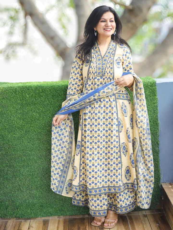 Bella Beige Blue Anarkali Cotton 3 Piece Set