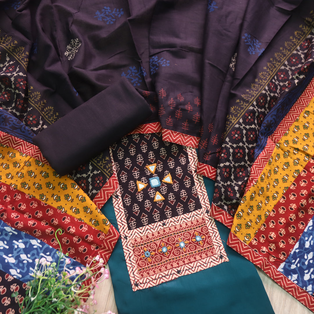 Barsaati Prussian Blue Kutch Fusion Neck with Mirror Glazed Cotton Suit Set