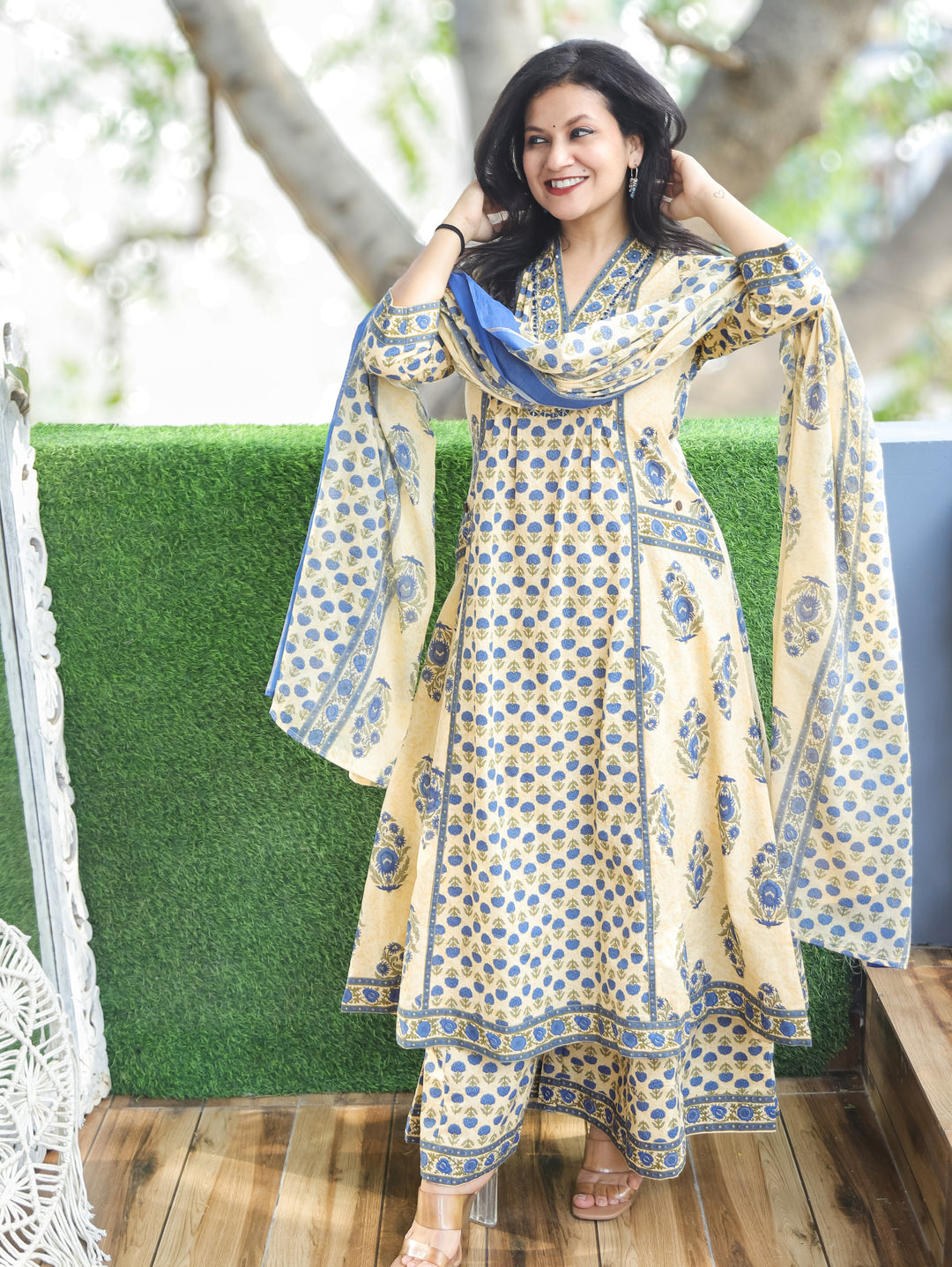 Bella Beige Blue Anarkali Cotton 3 Piece Set