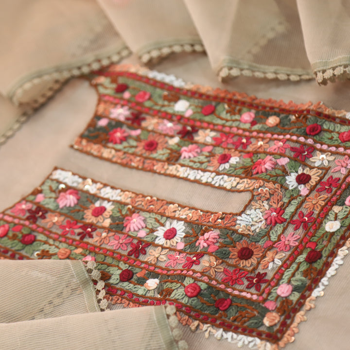 Mahi Light Sand Beige All Over Thread Embroidered Neck Kota Doriya Net Suit Set