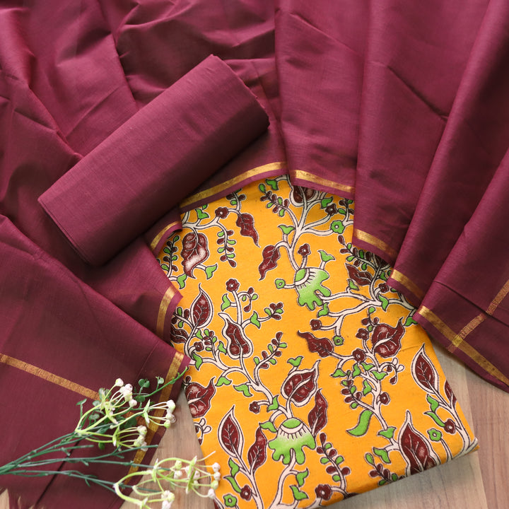 Vashudhara Canary Yellow All Over Floral Kalamkari Printed Work South Cotton Set