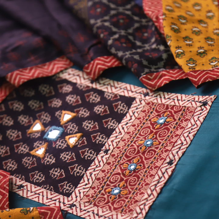 Barsaati Prussian Blue Kutch Fusion Neck with Mirror Glazed Cotton Suit Set