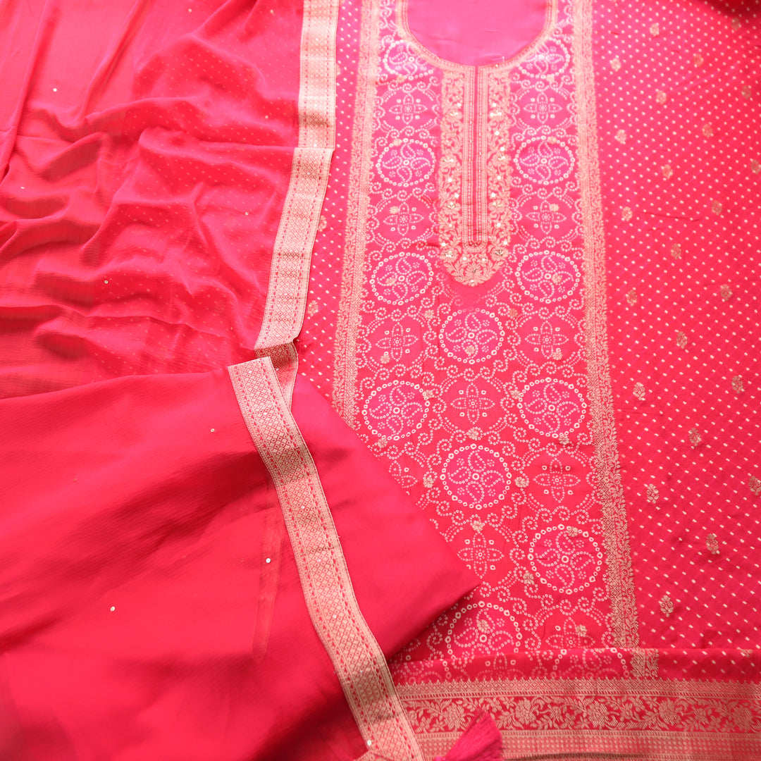 Noorani Rani Pink Zari Weaved Panale Style Bandhai Print Muslin Set
