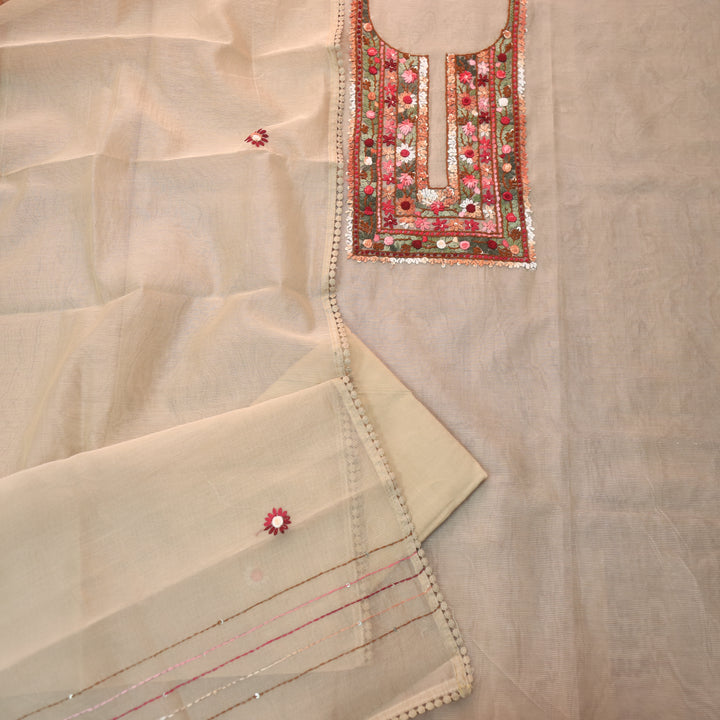 Mahi Light Sand Beige All Over Thread Embroidered Neck Kota Doriya Net Suit Set