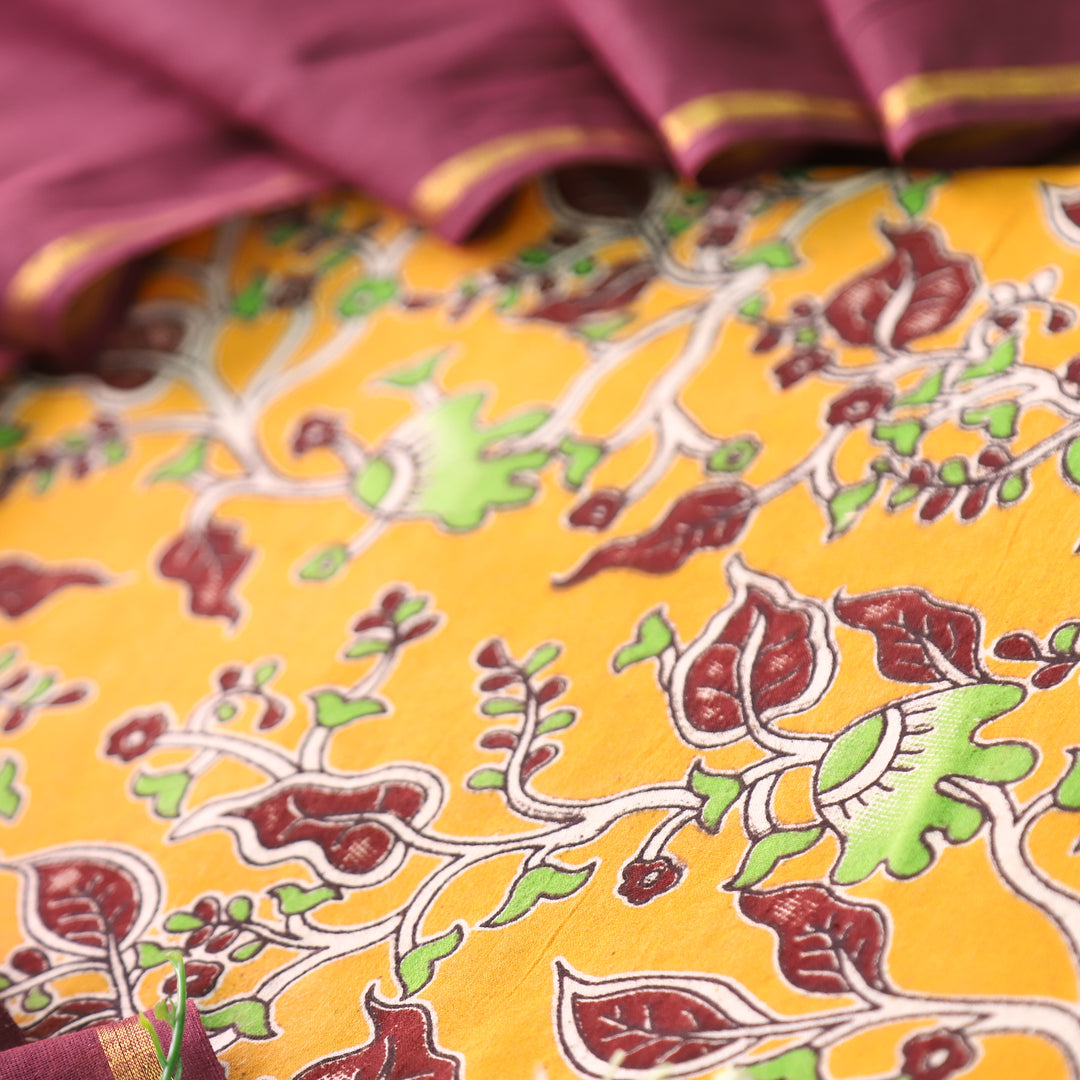 Vashudhara Canary Yellow All Over Floral Kalamkari Printed Work South Cotton Set