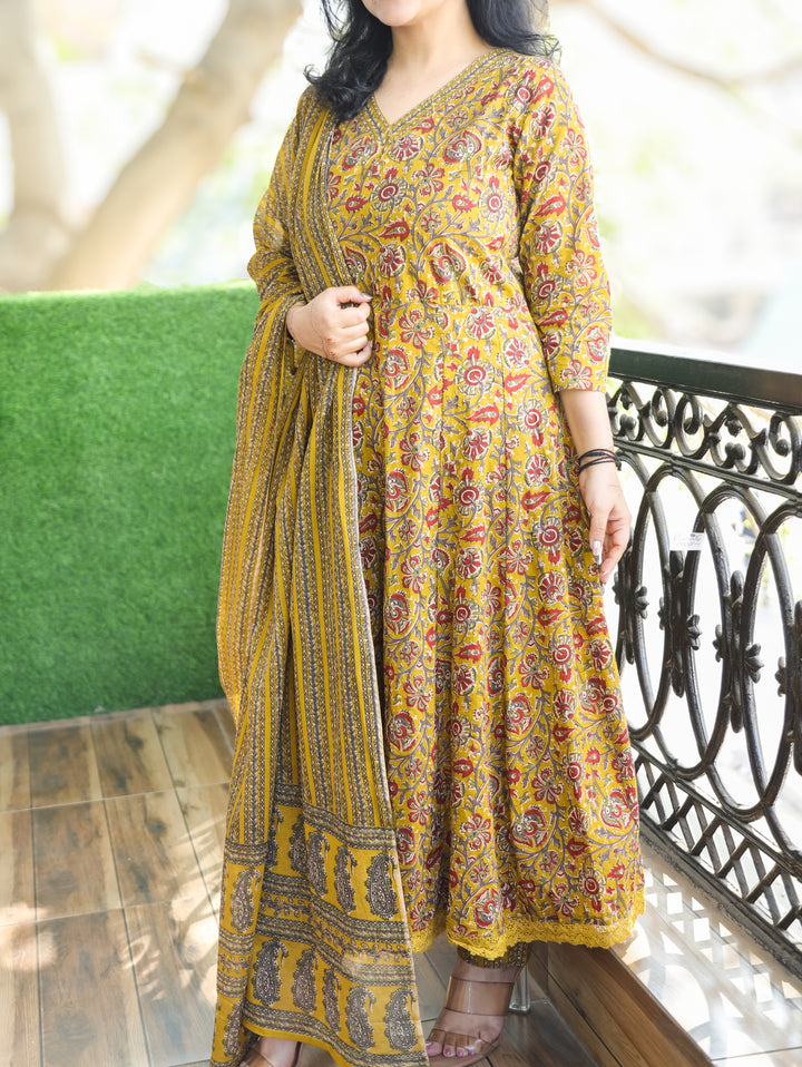 Rohini Dijon Yellow V Neck Kalamkari Printed Anarkali Cotton 3 Piece Set