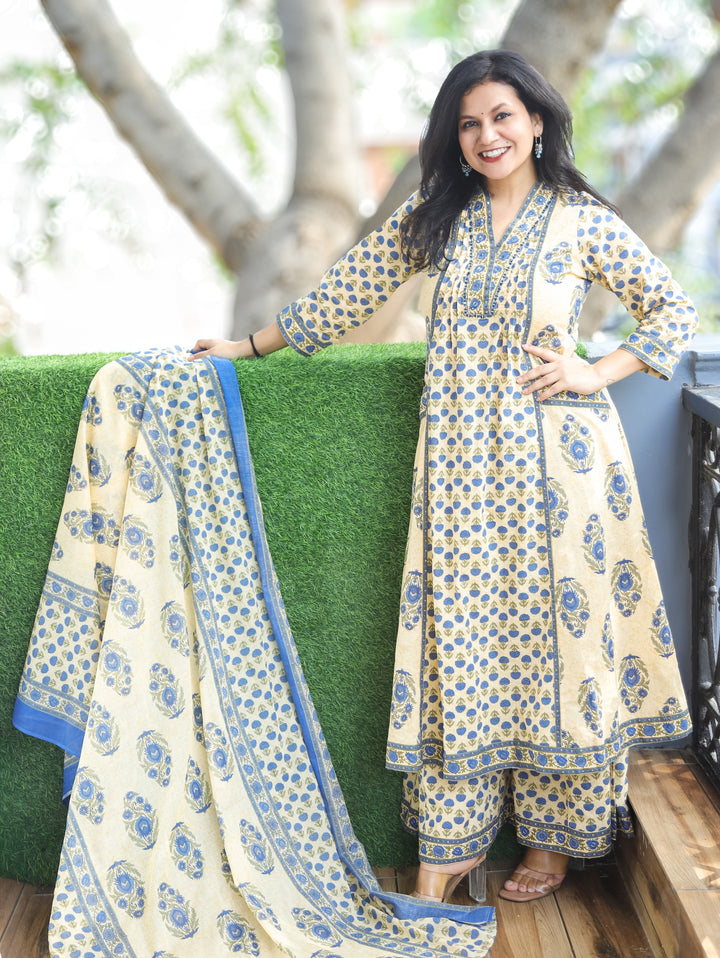 Bella Beige Blue Anarkali Cotton 3 Piece Set