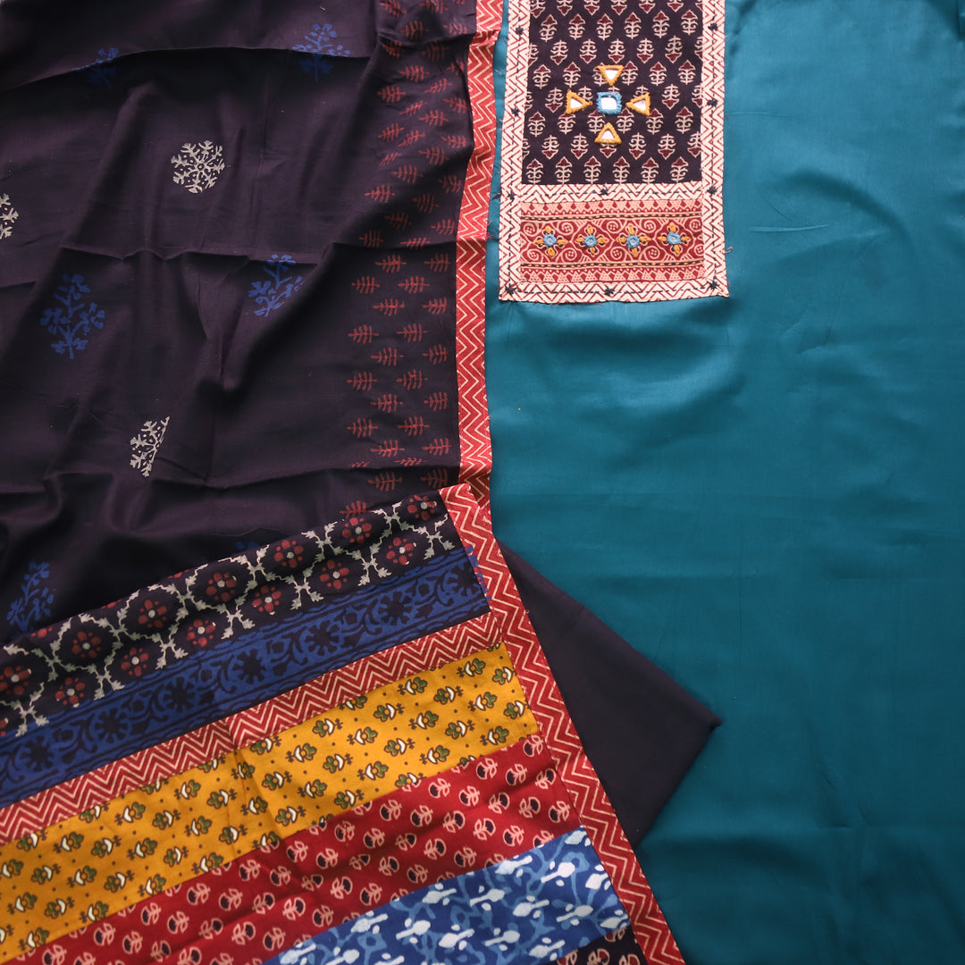 Barsaati Prussian Blue Kutch Fusion Neck with Mirror Glazed Cotton Suit Set