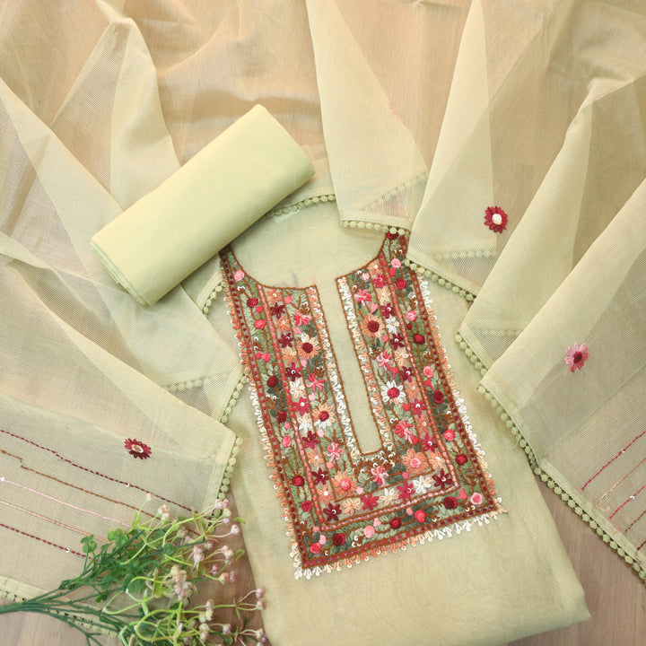 Mahi Mint Lemon Green All Over Thread Embroidered Neck Kota Doriya Net Suit Set