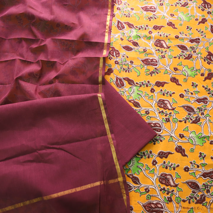 Vashudhara Canary Yellow All Over Floral Kalamkari Printed Work South Cotton Set