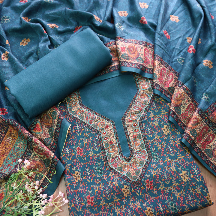 काफिराना Sapphire Blue Floral Print with Chain Style Zari Semi Pashmina Winter Set