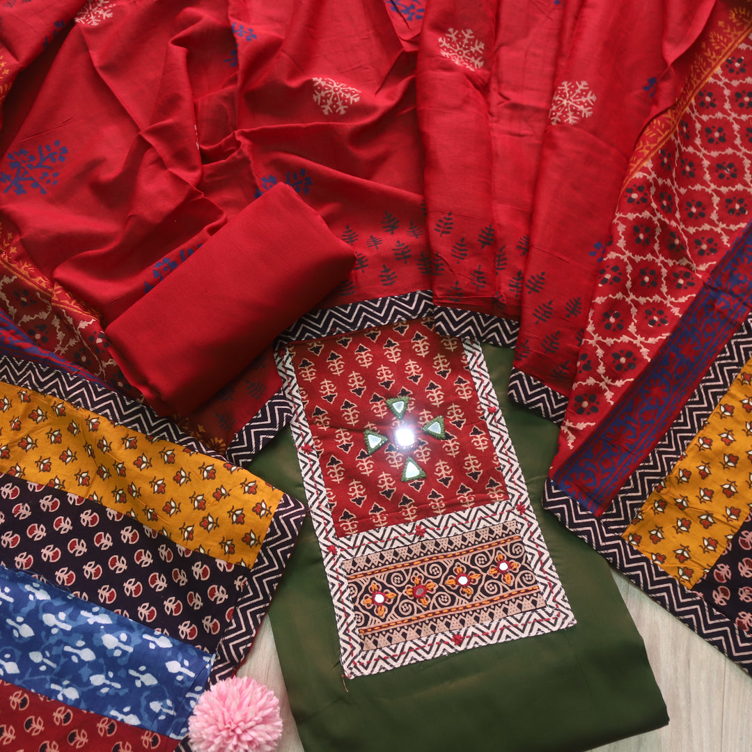 Barsaati Forest Green Kutch Fusion Neck with Mirror Glazed Cotton Suit Set