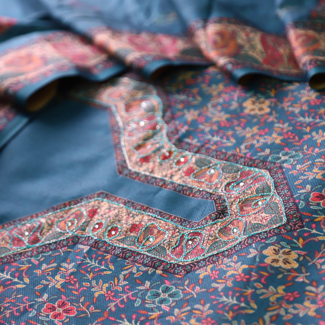 काफिराना Sapphire Blue Floral Print with Chain Style Zari Semi Pashmina Winter Set