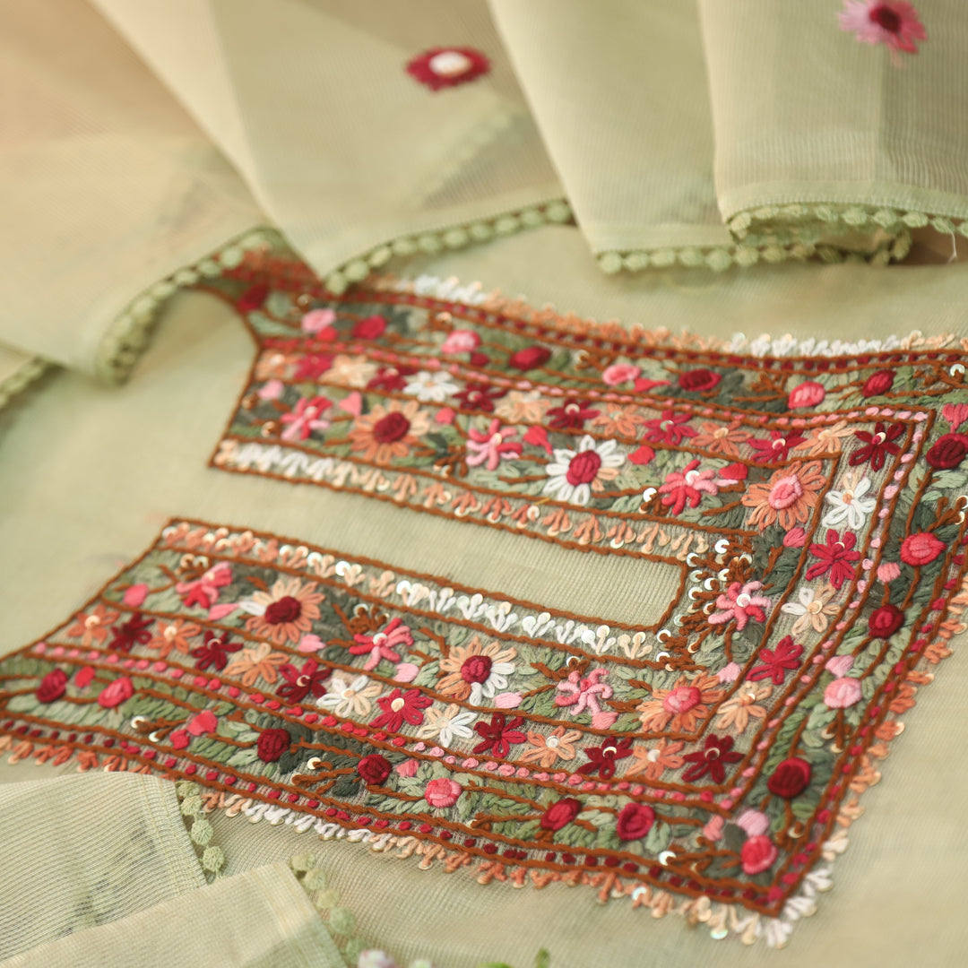 Mahi Mint Lemon Green All Over Thread Embroidered Neck Kota Doriya Net Suit Set