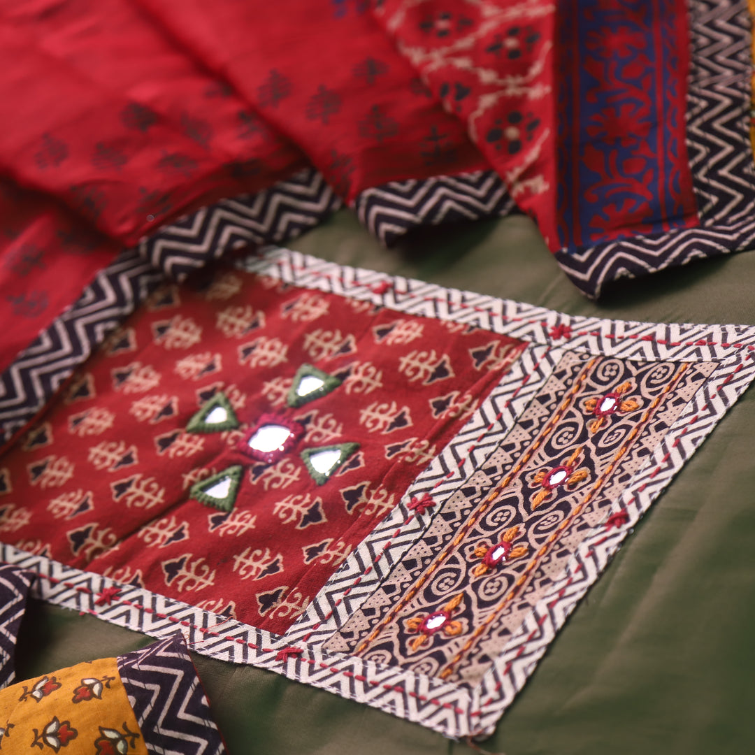 Barsaati Forest Green Kutch Fusion Neck with Mirror Glazed Cotton Suit Set