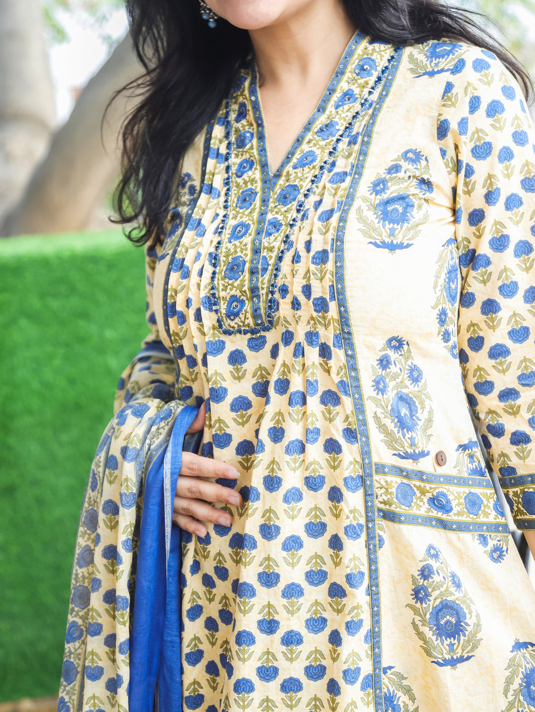 Bella Beige Blue Anarkali Cotton 3 Piece Set