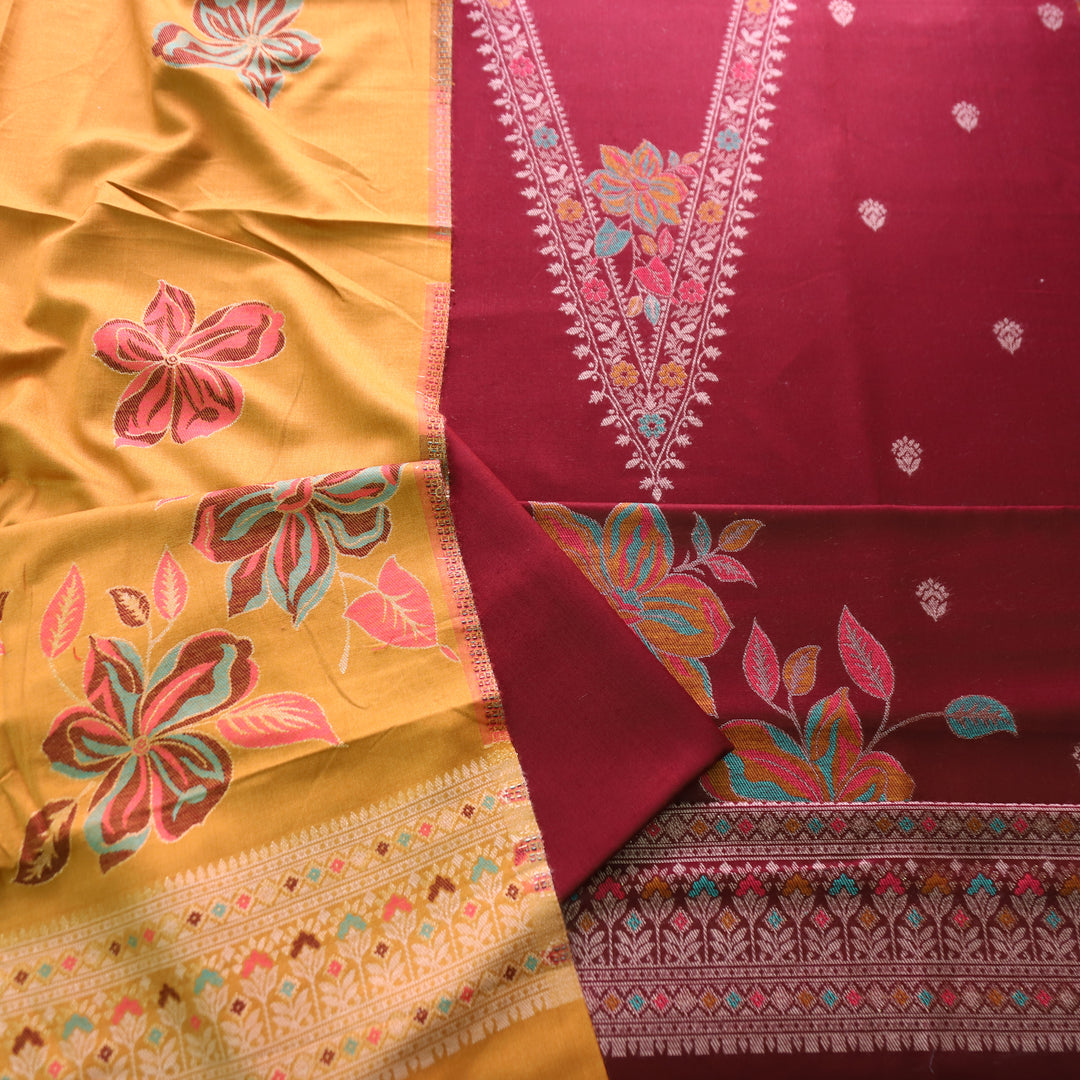 सिलसिला Maroon Red Thread with Zari Neck Work Semi Pashmina Winter Suit Set