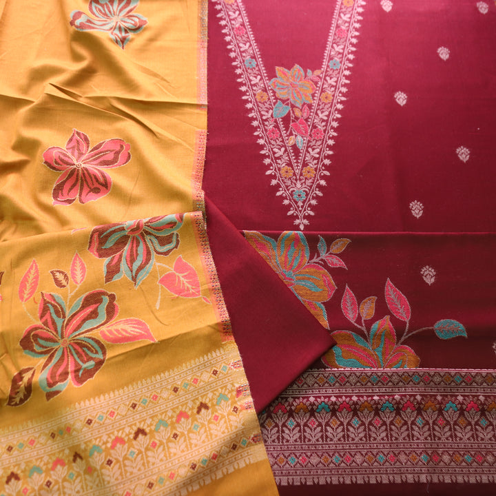 सिलसिला Maroon Red Thread with Zari Neck Work Semi Pashmina Winter Suit Set