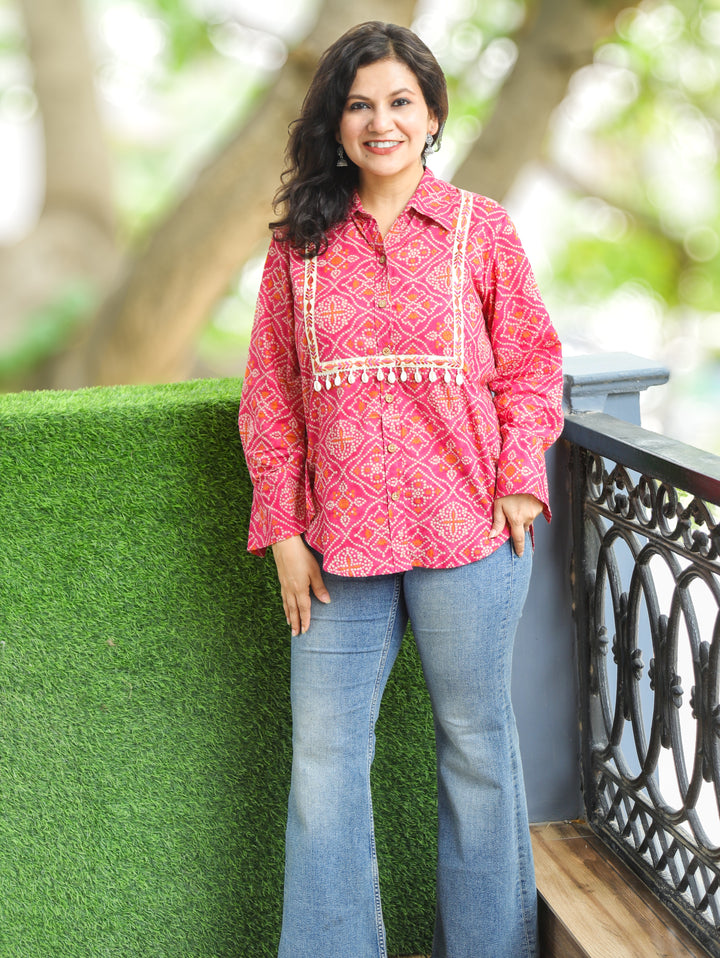 Leher Magenta Pink Shell Work Bandhani Print Shirt