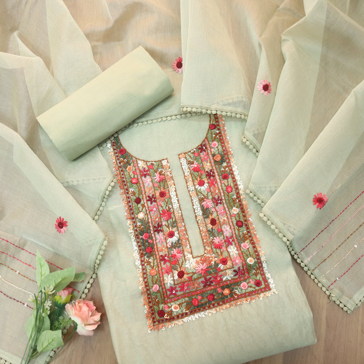 Mahi Pista Green All Over Thread Embroidered Neck Kota Doriya Net Suit Set