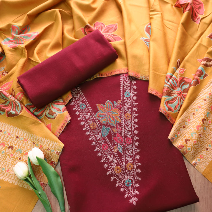 सिलसिला Maroon Red Thread with Zari Neck Work Semi Pashmina Winter Suit Set