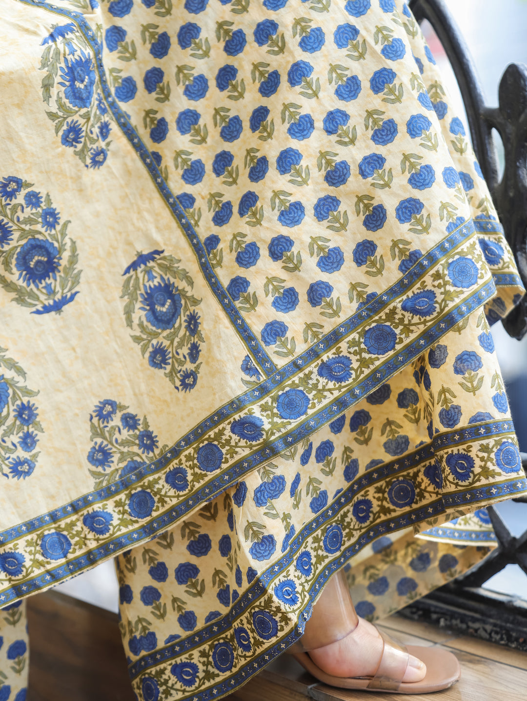 Bella Beige Blue Anarkali Cotton 3 Piece Set