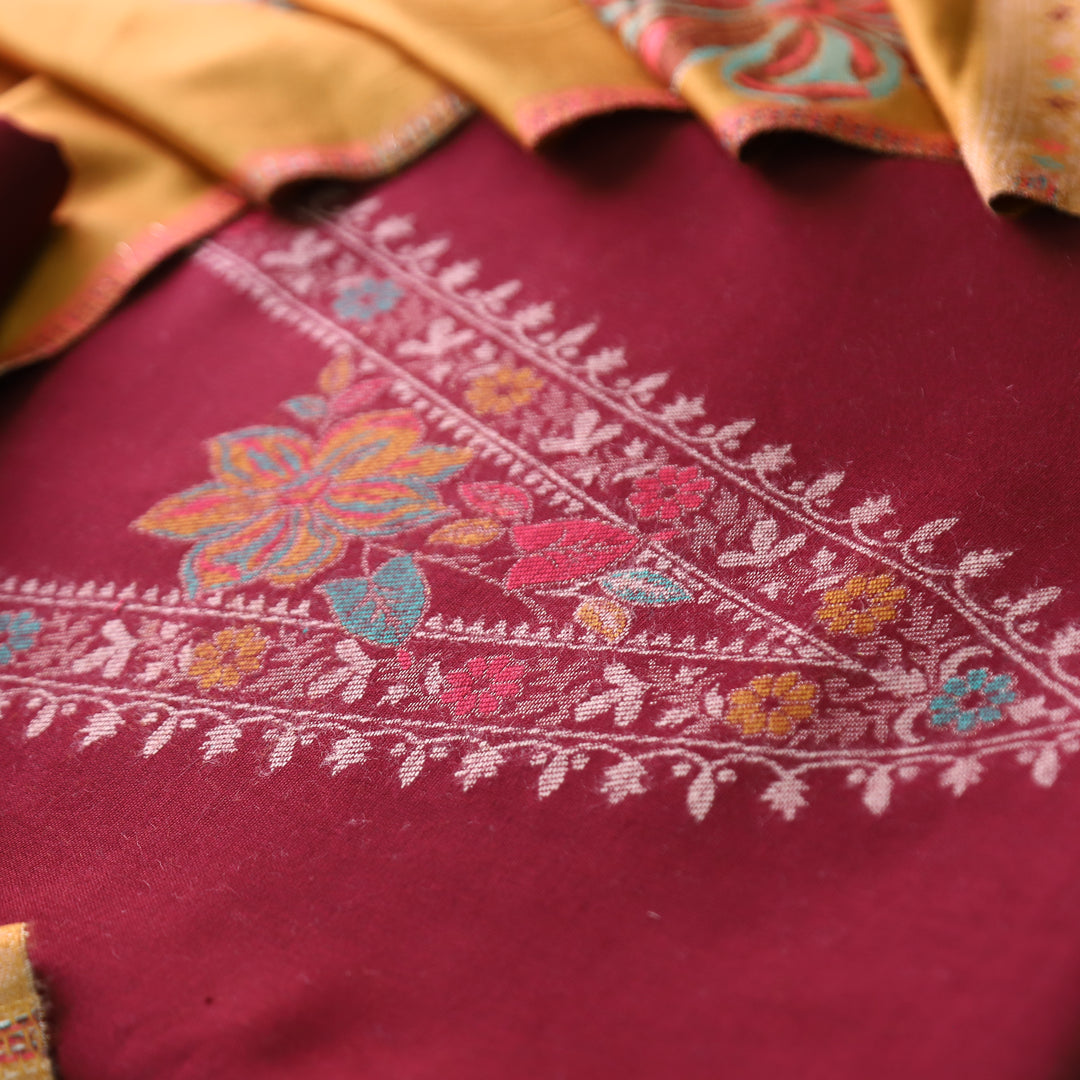 सिलसिला Maroon Red Thread with Zari Neck Work Semi Pashmina Winter Suit Set